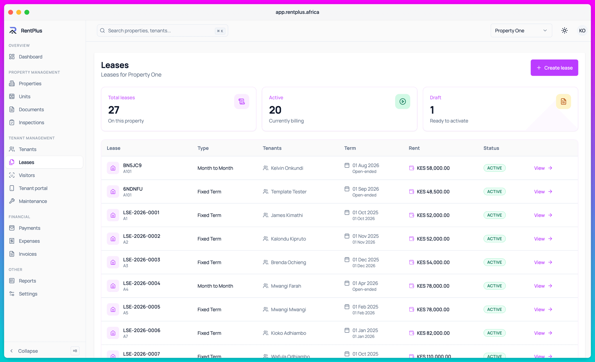 Lease list in RentPlus with statuses and rent amounts