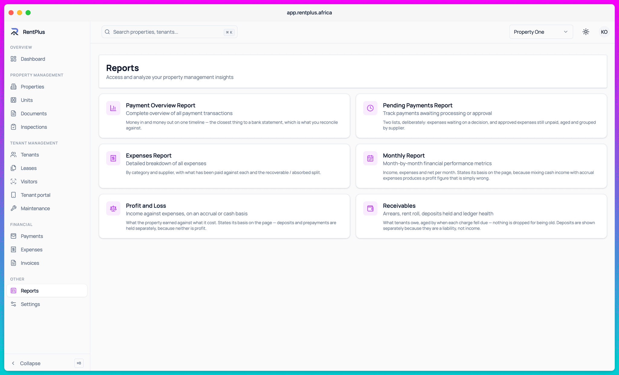 Financial reports in RentPlus — profit and loss, rent roll and receivables
