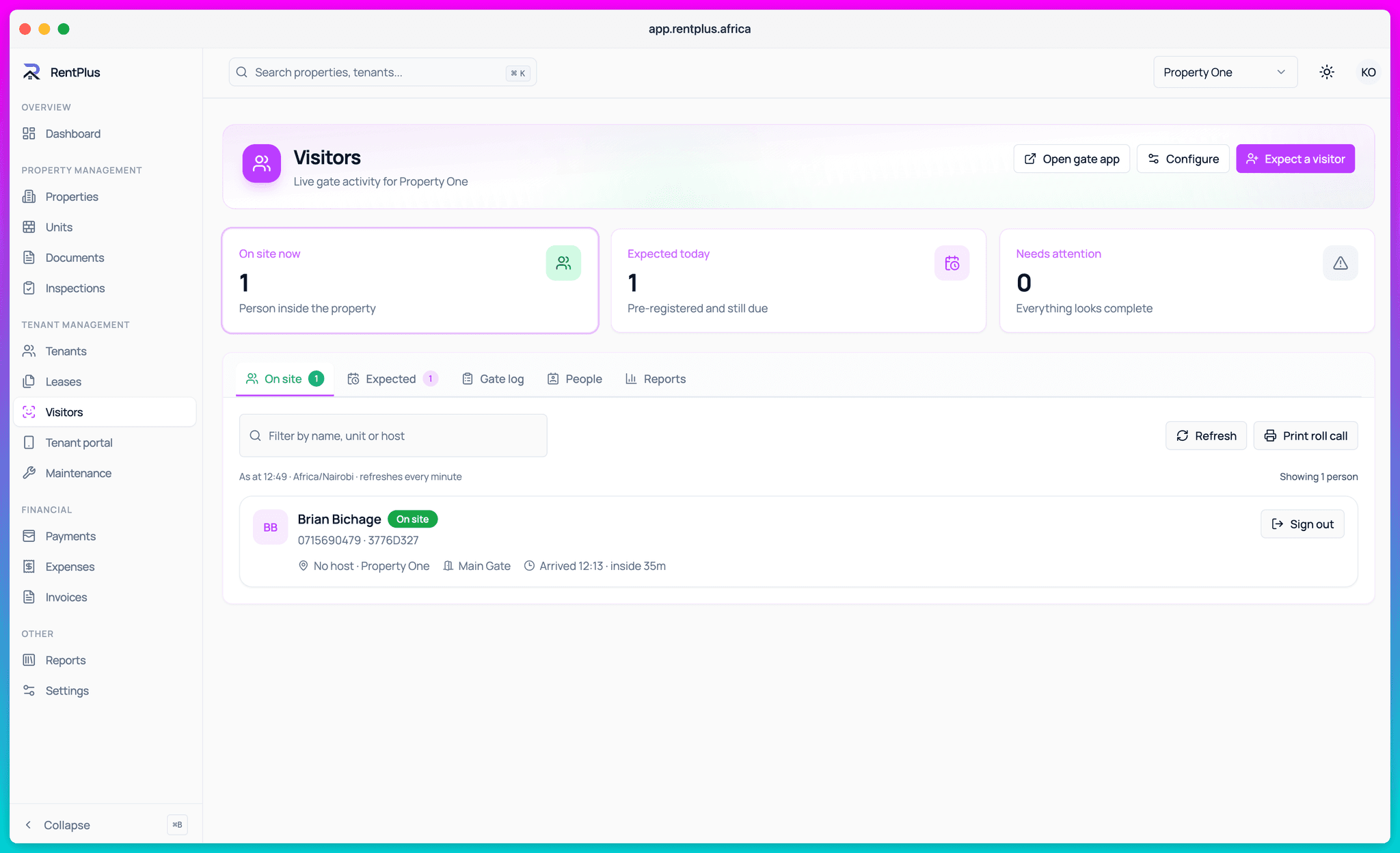 Visitor management dashboard showing gate activity and passes